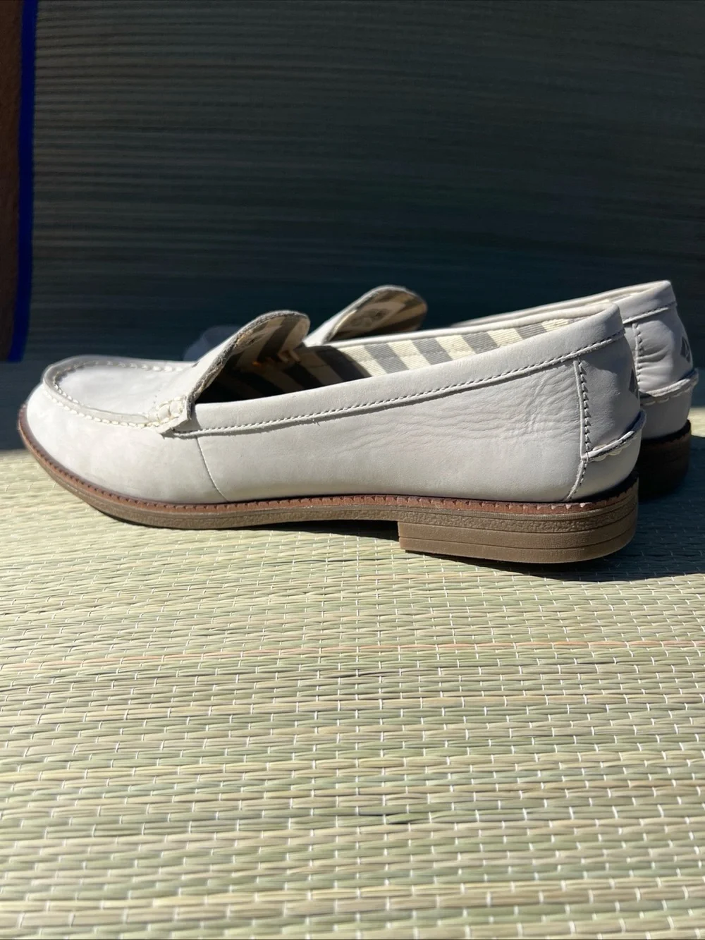 Sperry Light Gray Suede Penny Loafers with Brown Sole